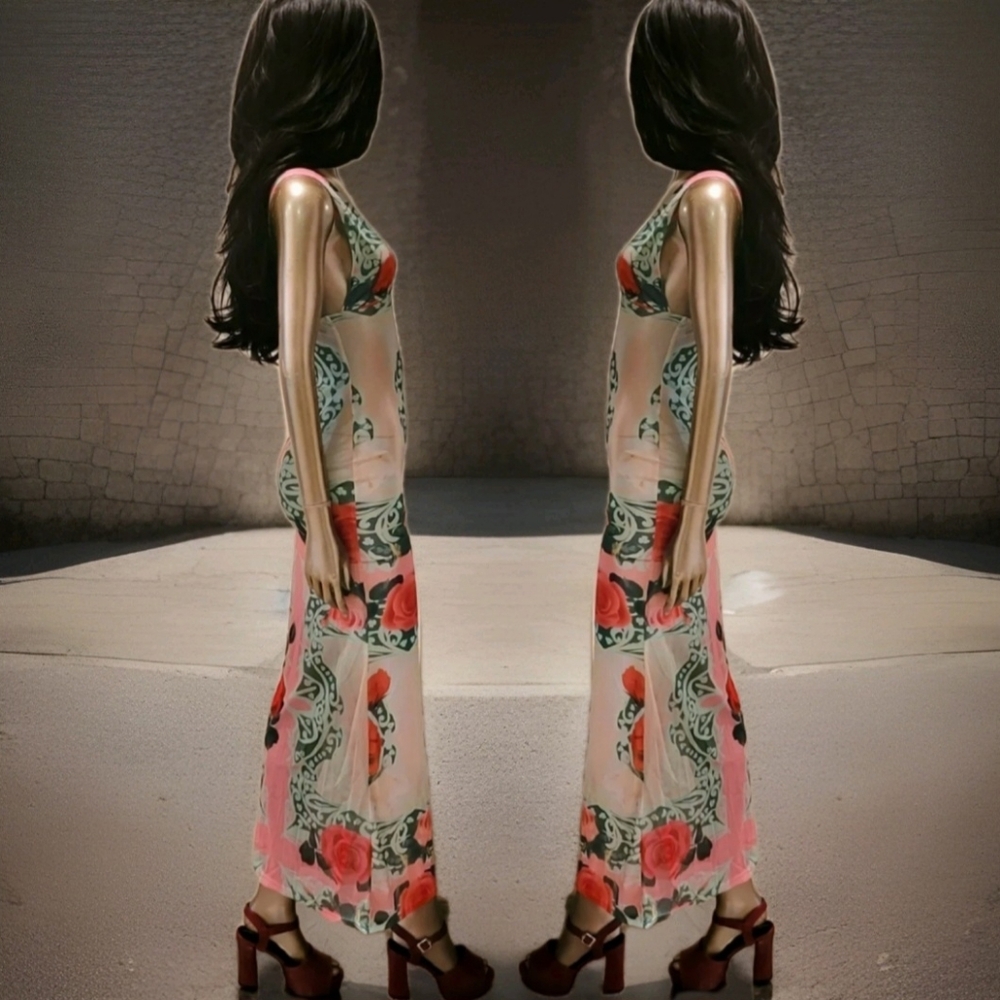 NWT Sexy Vibrant Romantic Floral Print Mesh Bodycon Maxi Dress Sz S - Picture 8 of 16